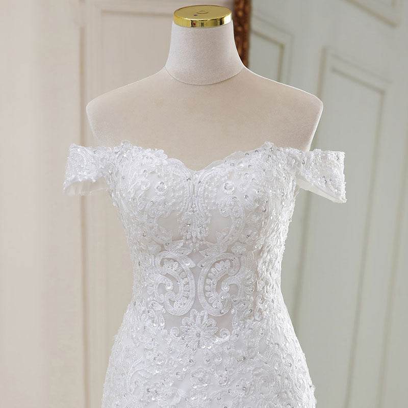 Elegant High Waist White Lace Wedding Dress - V-Neck Long Tail Style - Buy Center