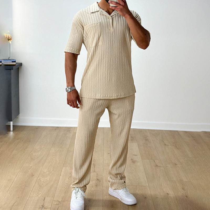 Stylish Cotton Blend Men's Polo Shirt Trousers Set - Casual Elegance - Buy Center