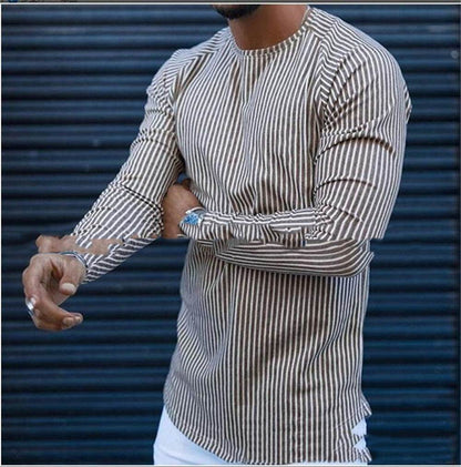 Buycenter Men's Striped Round Neck Shirt - Cotton Blend, Long Sleeve - Buy Center