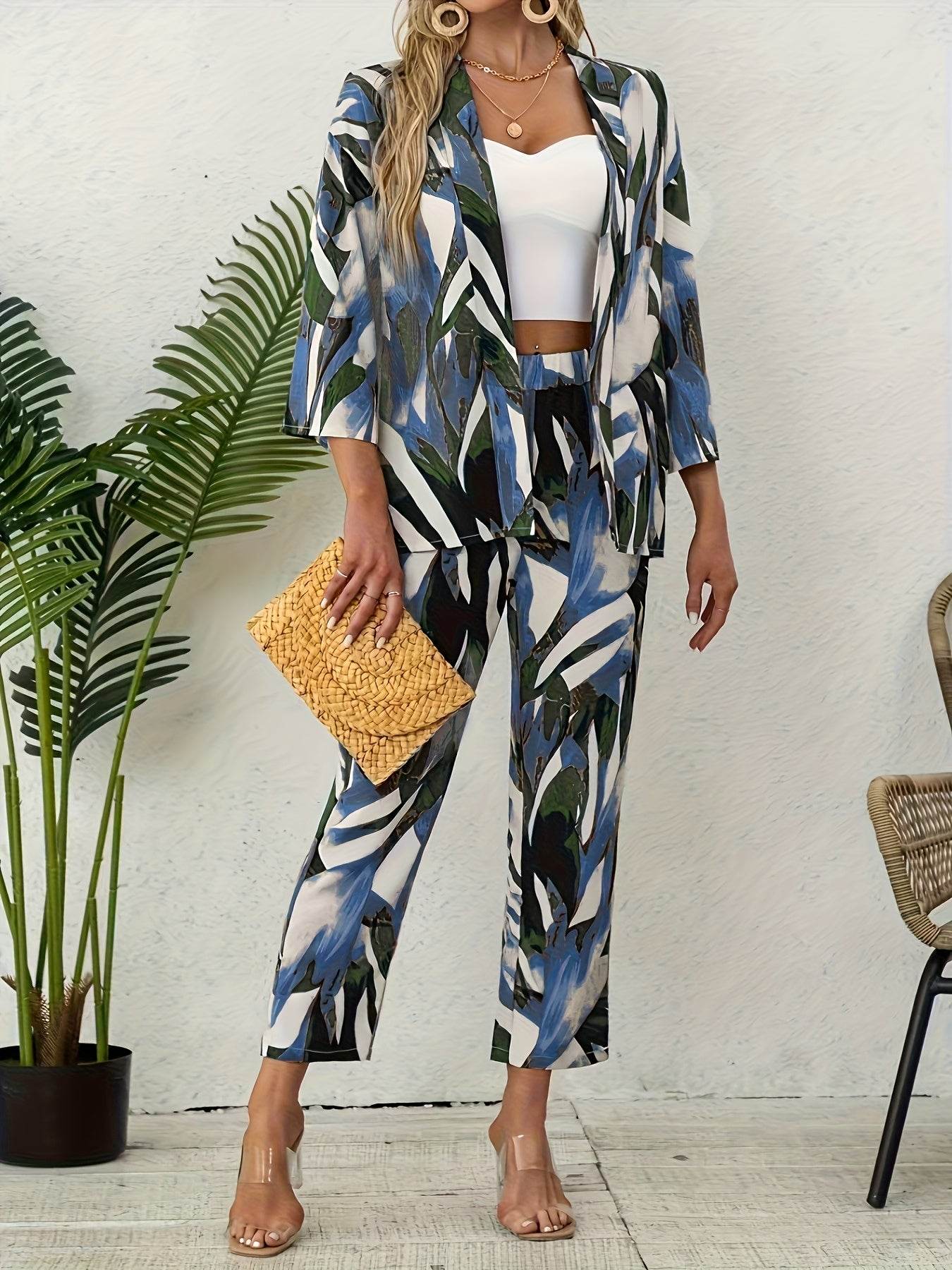 Women's Elegant Leaf Print Two-Piece Set - Perfect for Any Season - Buy Center