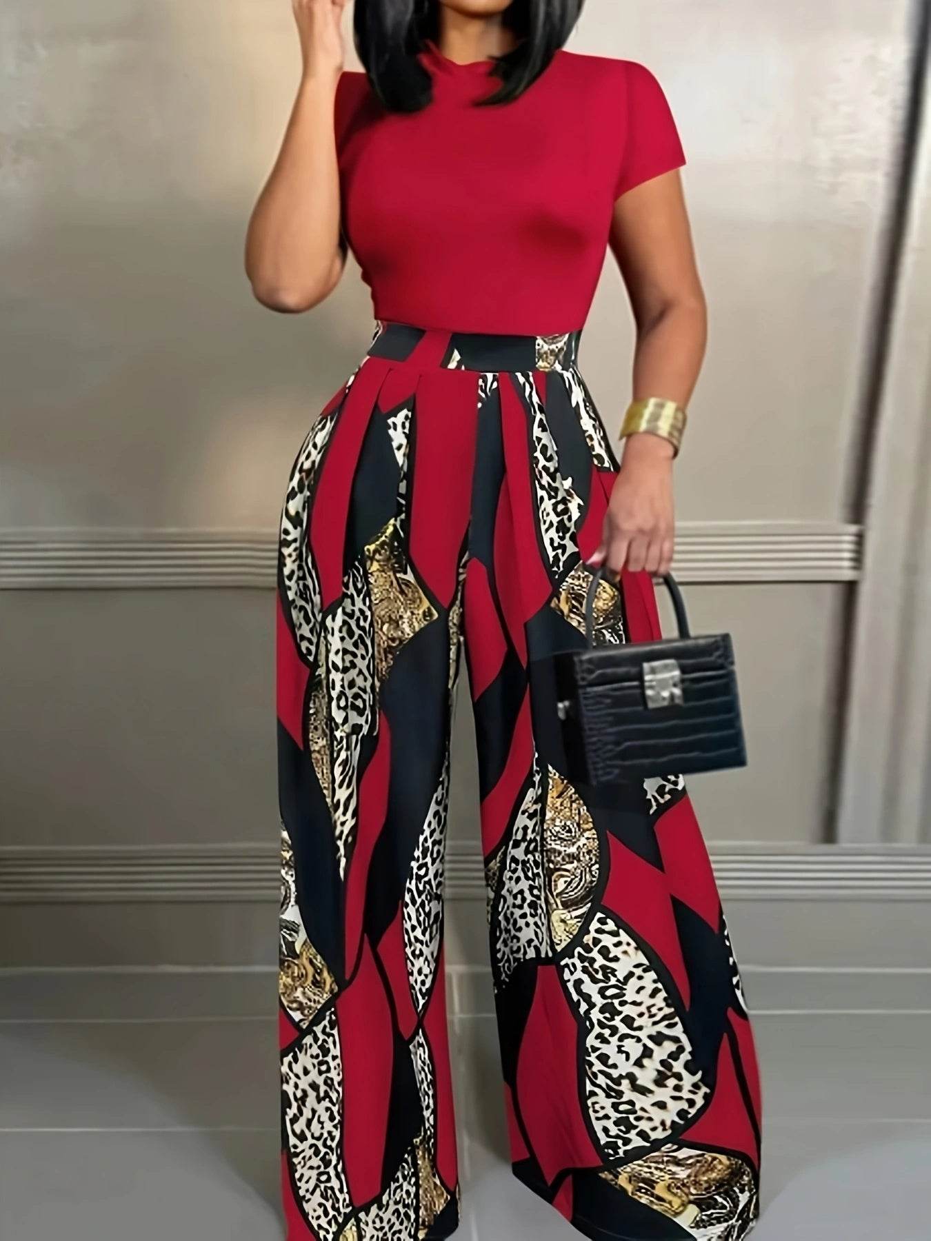 Elegant Two-Piece Set: Fitted T-Shirt & Loose Trousers for Summer - Buy Center