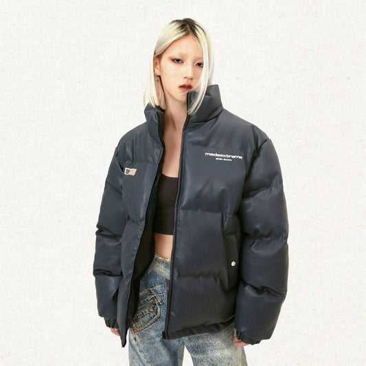 Unisex Cotton-Padded Jacket - Stylish Letter Print & Thick PU Leather - Buy Center