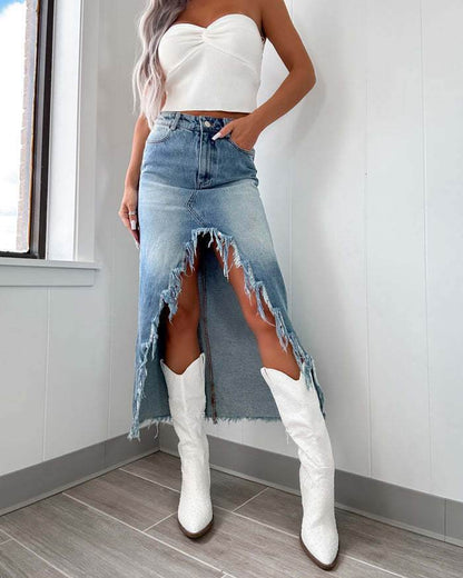 Denim High Waist Asymmetric Skirt - Distressed & Stylish Mid-Length Design - Buy Center