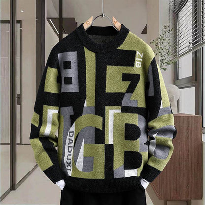 Men's Casual Loose Fit Sweater - Trendy Letter Jacquard Design - Buy Center