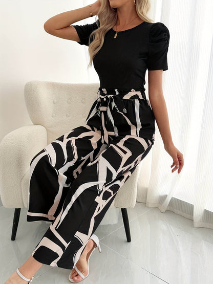 Elegant Women's Round Neck Fluffy Sleeve Top & Printed Pants Set - Buy Center