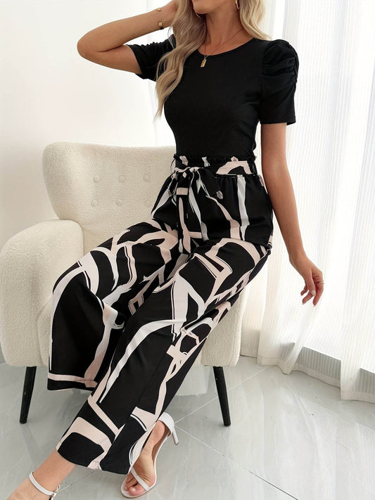 Elegant Women's Round Neck Fluffy Sleeve Top & Printed Pants Set - Buy Center