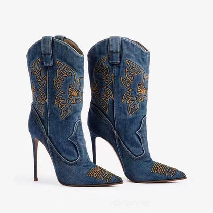 Stylish Women's Western High-Heel Boots - Stiletto, Denim & PU - Buy Center