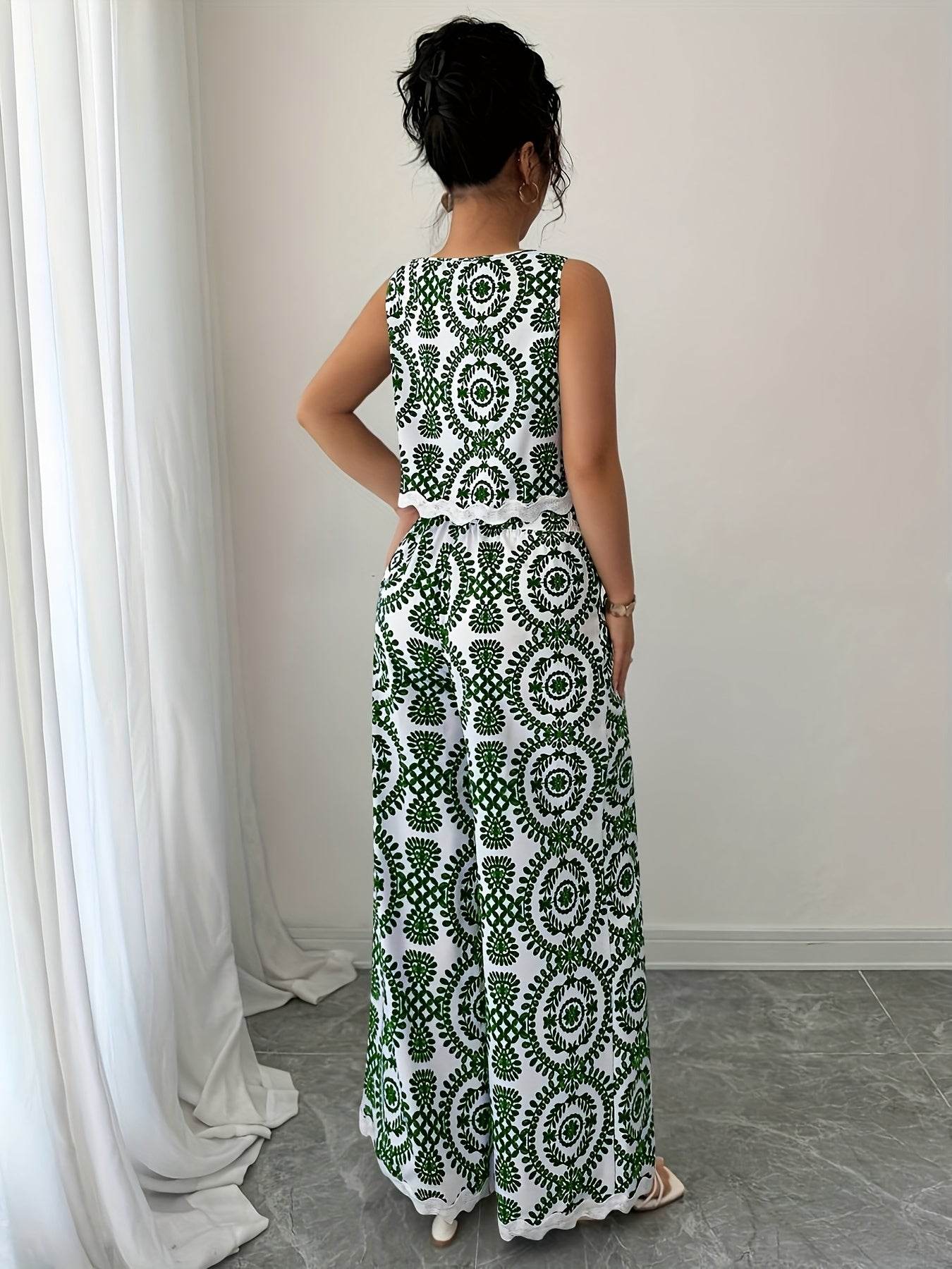 Elegant Women's 2pcs Set - Plant Pattern Top & Pants for All Seasons - Buy Center