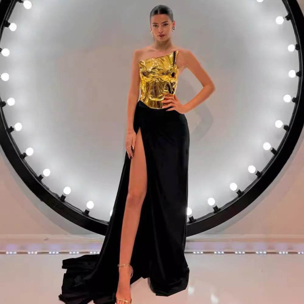 Elegant Black Two-Piece Dress Set - Backless One-Shoulder Satin Style - Buy Center