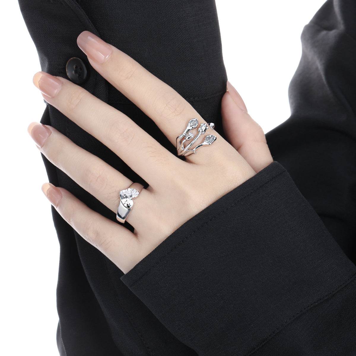 Diamond Studded Tulip Design Ring - Luxurious Adjustable Silver Jewelry - Buy Center