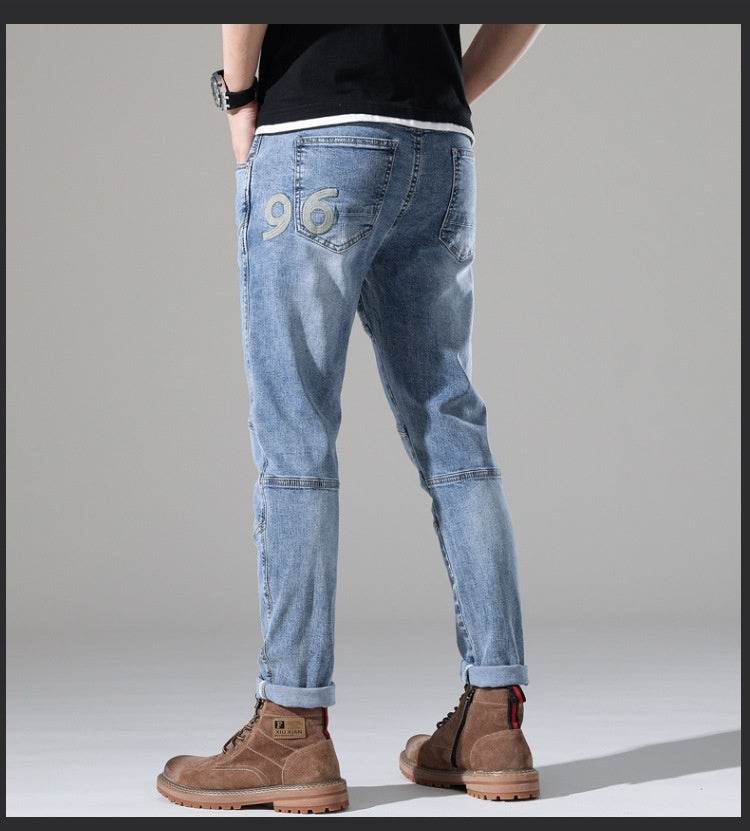 Men's Elastic Stitching Embroidered Jeans - Light Blue Denim Style - Buy Center