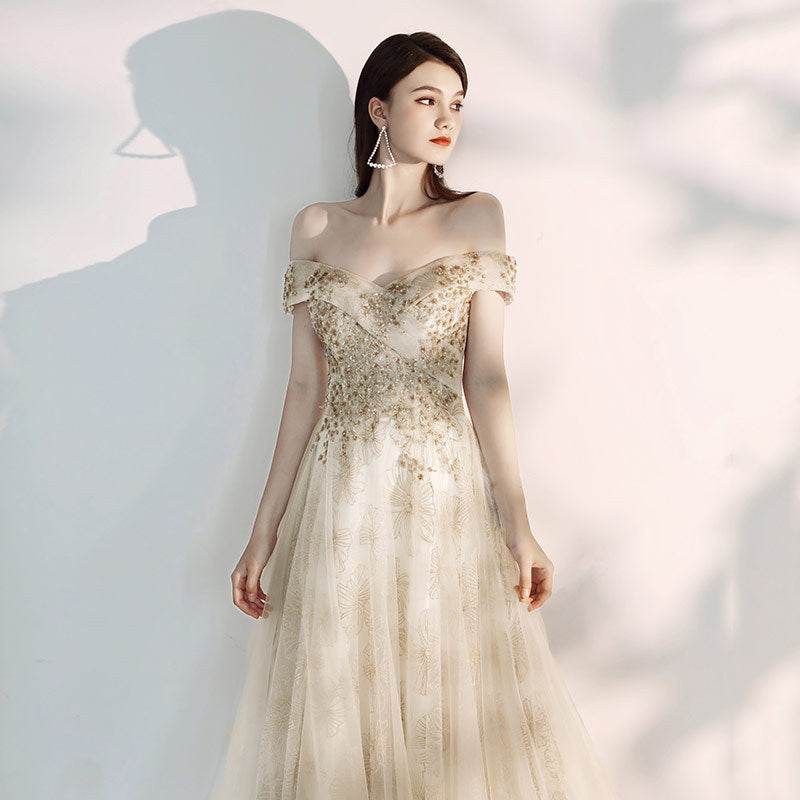 Buycenter A Shoulder Flamboyant Dress - Elegant Evening Wear in Champagne - Buy Center