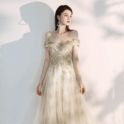 Buycenter A Shoulder Flamboyant Dress - Elegant Evening Wear in Champagne - Buy Center