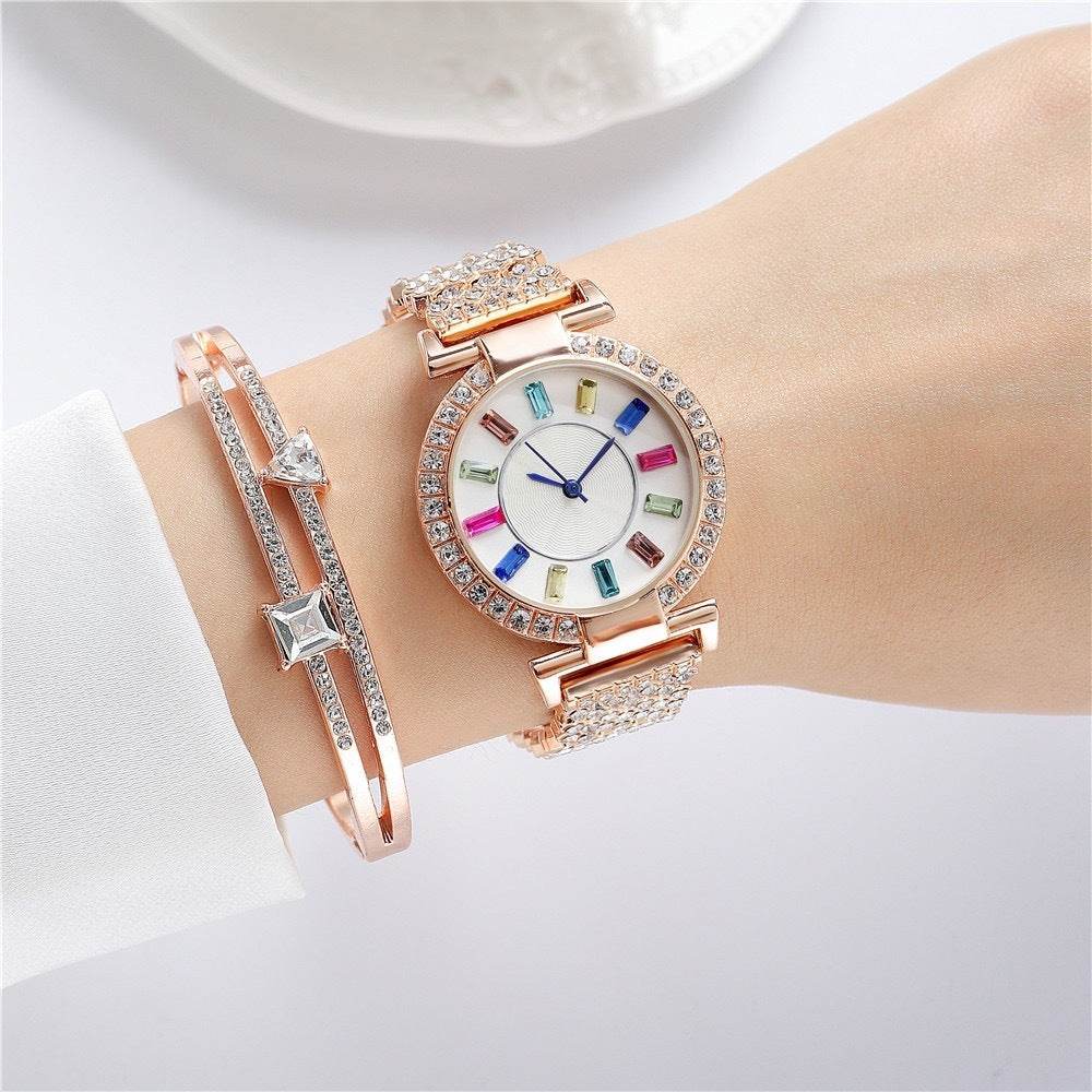 BuyCenter Women's Colorful Crystals Watch - Silver & Rose Gold Design - Buy Center