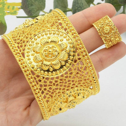 Women's Alluvial Gold Bracelet Ring Set - C-Shaped Ripple Design - Buy Center