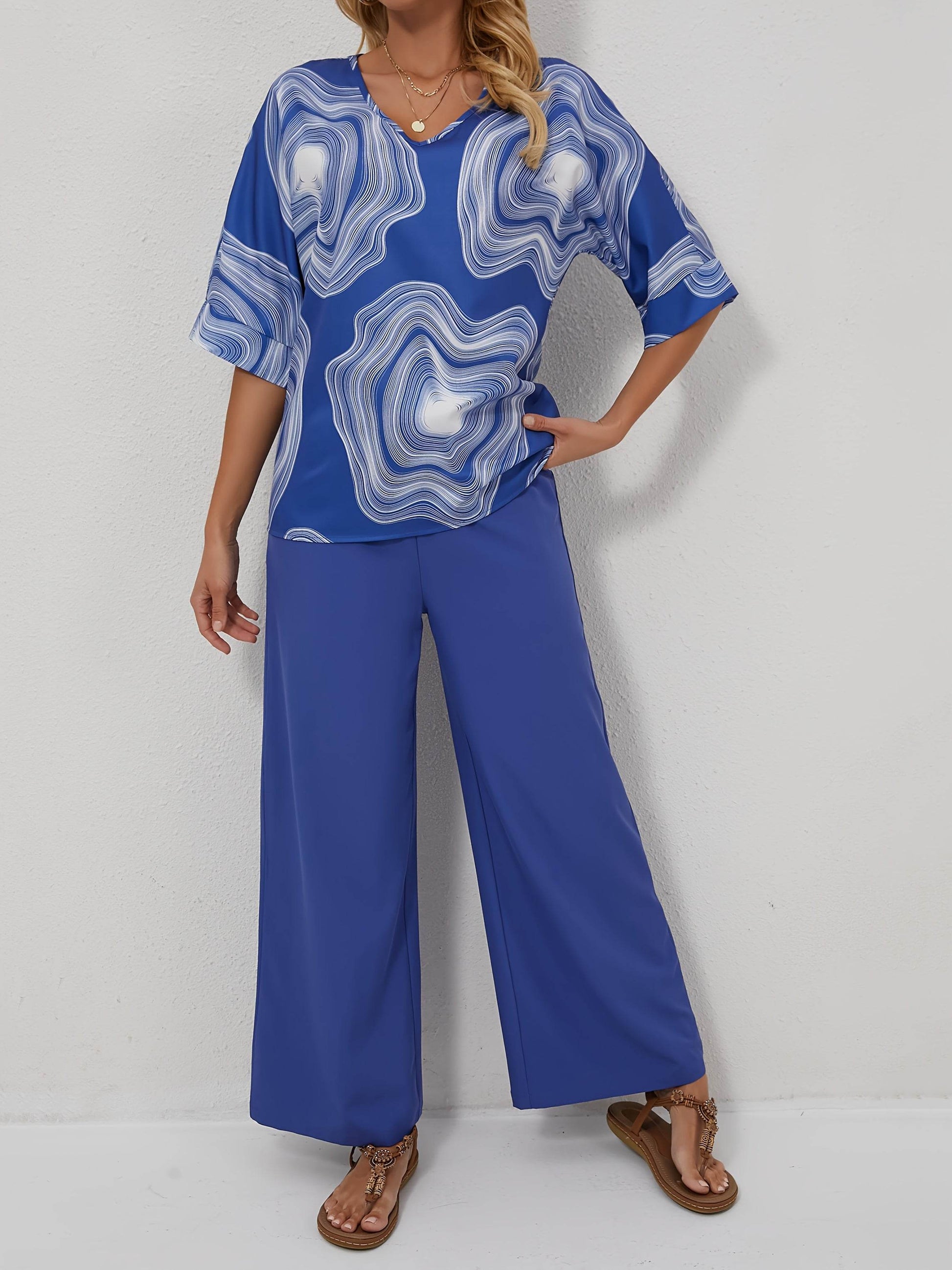 Elegant V-Neck Geometric Pantsuit - 100% Polyester for Spring/Fall - Buy Center
