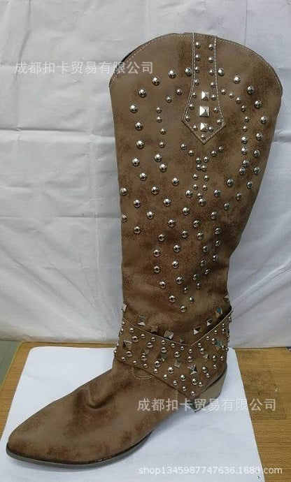 Buycenter Women's High Boots - Autumn & Winter Rivet Thick Heel Design - Buy Center