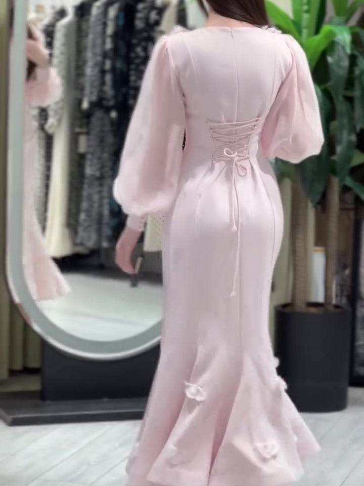 Buycenter Elegant Flower Embellished Long Sleeve Fishtail Maxi Dress - Buy Center