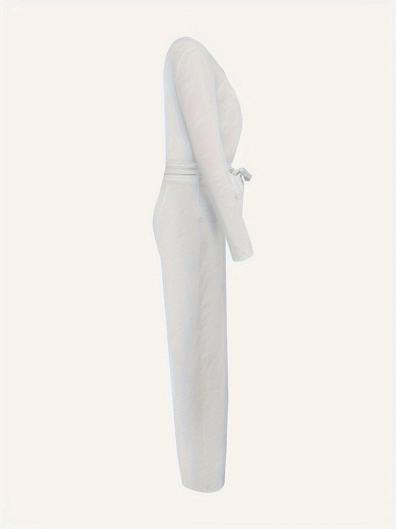 Women's Long Sleeve V-Neck Jumpsuit - Slimming Bow Tie Design 2025 - Buy Center