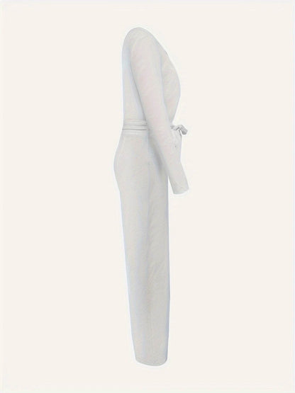 Women's Long Sleeve V-Neck Jumpsuit - Slimming Bow Tie Design 2025 - Buy Center