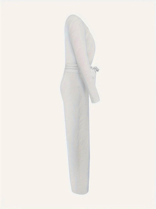 Women's Long Sleeve V-Neck Jumpsuit - Slimming Bow Tie Design 2025 - Buy Center