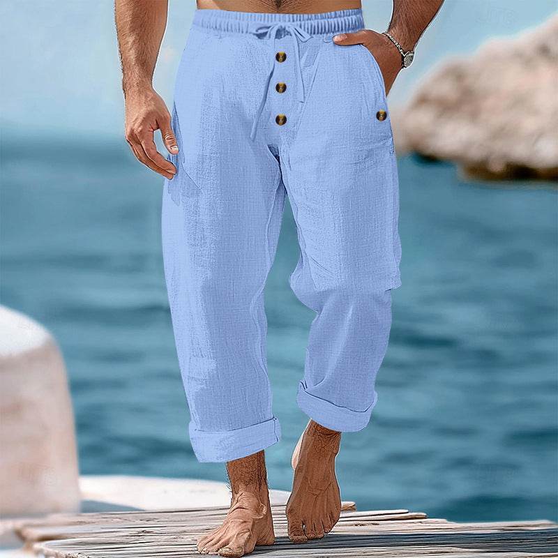 Buycenter Solid Color Cotton Linen Beach Pants - Casual Loose Fit Trousers - Buy Center