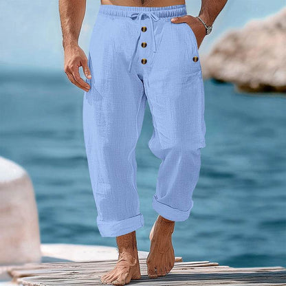 Buycenter Solid Color Cotton Linen Beach Pants - Casual Loose Fit Trousers - Buy Center