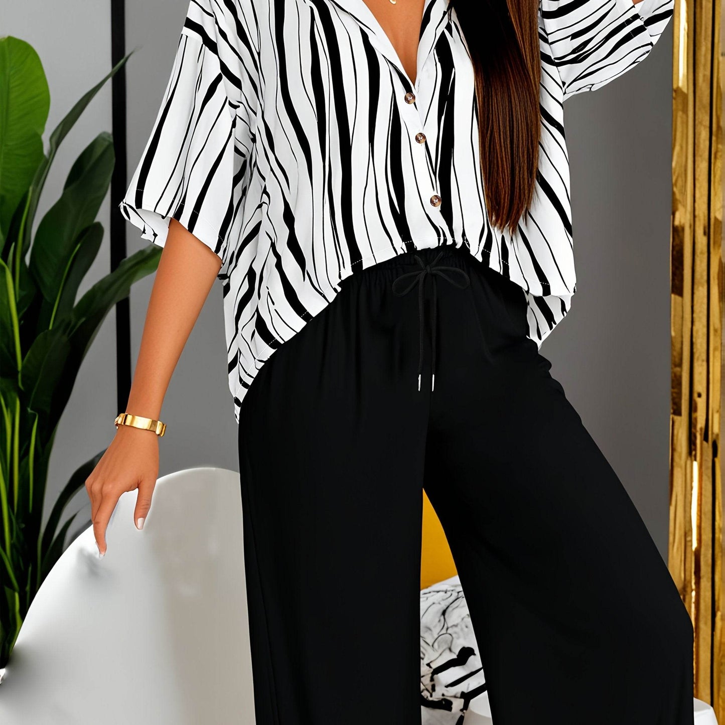 Women's Trendy Loose Striped Print Set - Long Sleeve Shirt & Pants - Buy Center