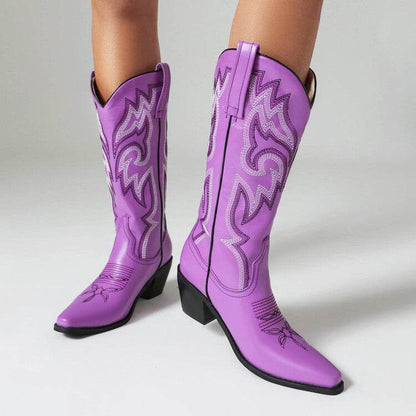 Buycenter Women's Chunky Heel Knight Boots - Embroidered Genuine Leather - Buy Center