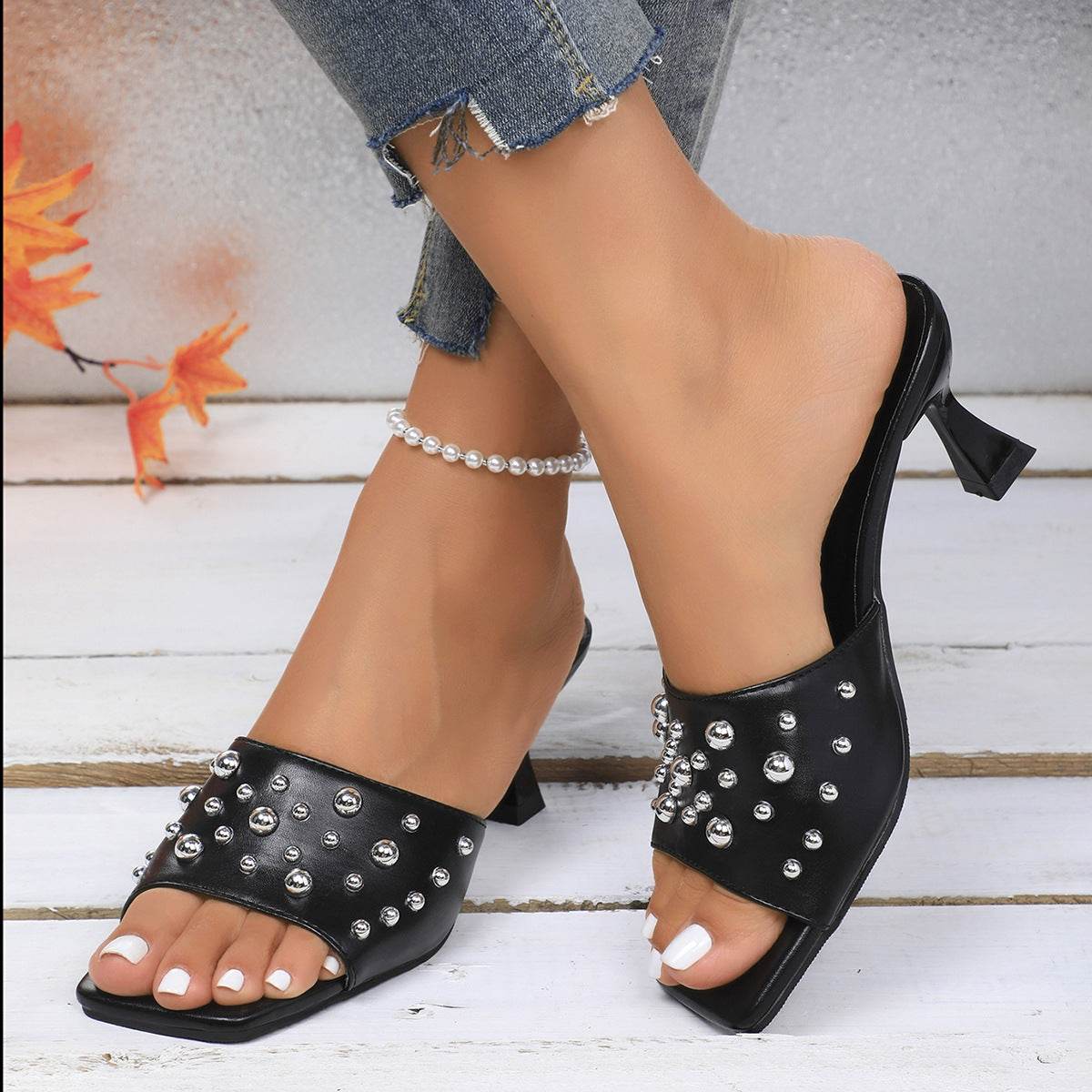 Plus Size Rivet Open Toe Stilettos - Trendy Women's Slippers 2025 - Buy Center