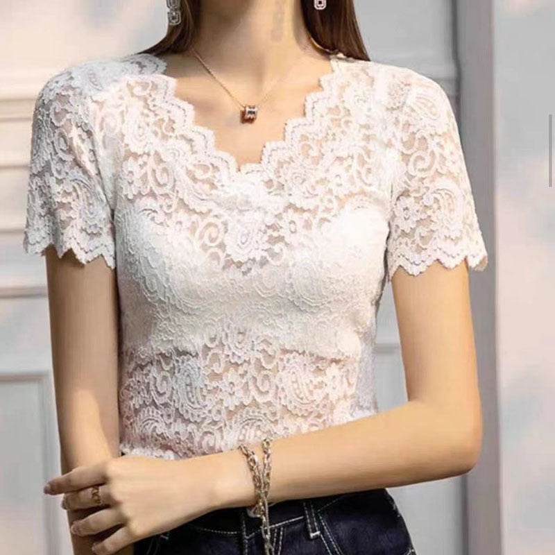 Ladies V-Neck Hollow Lace Short Sleeve Shirt - Slim Fit & Stylish Accents - Buy Center