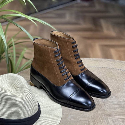 Men's High-Top Cowhide Boots - Lace-Up, Stylish Color Matching Design - Buy Center