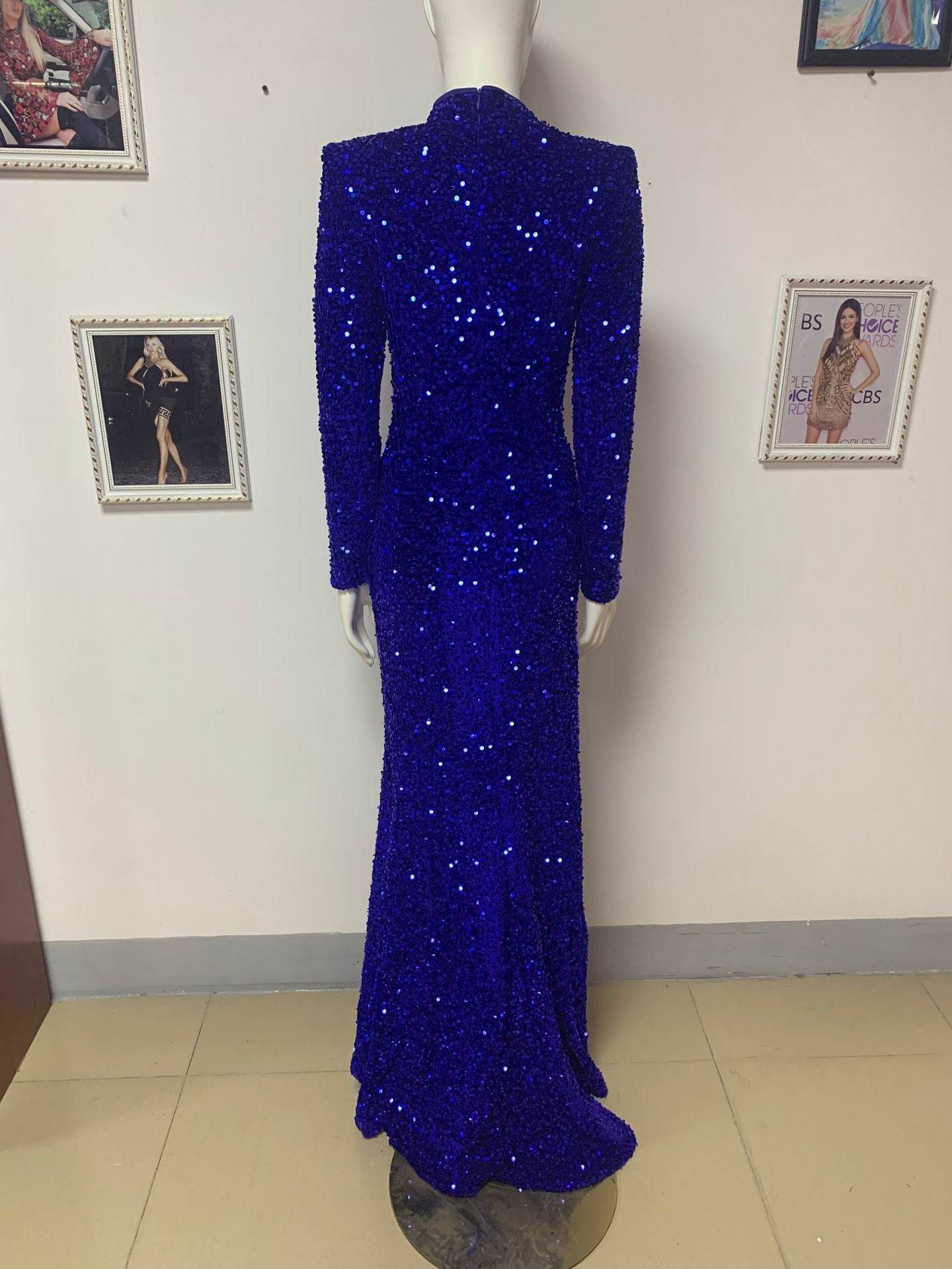 Buycenter Blue Sequin See-through Dress with High Slit - Elegant Evening Style - Buy Center
