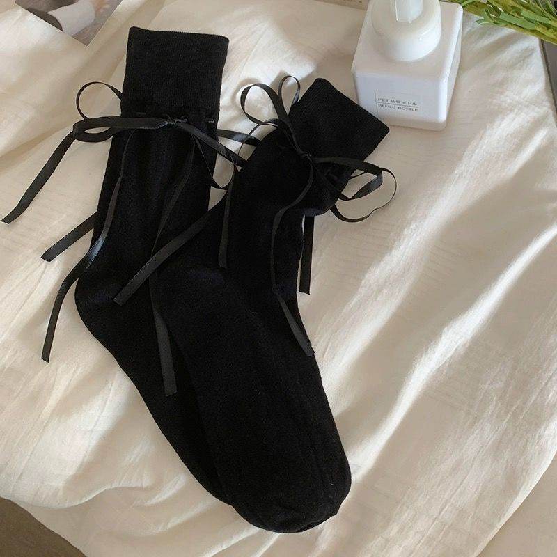Women’s Mid-Calf Bow Socks - Stylish Straps in White, Black, Pink, Gray - Buy Center
