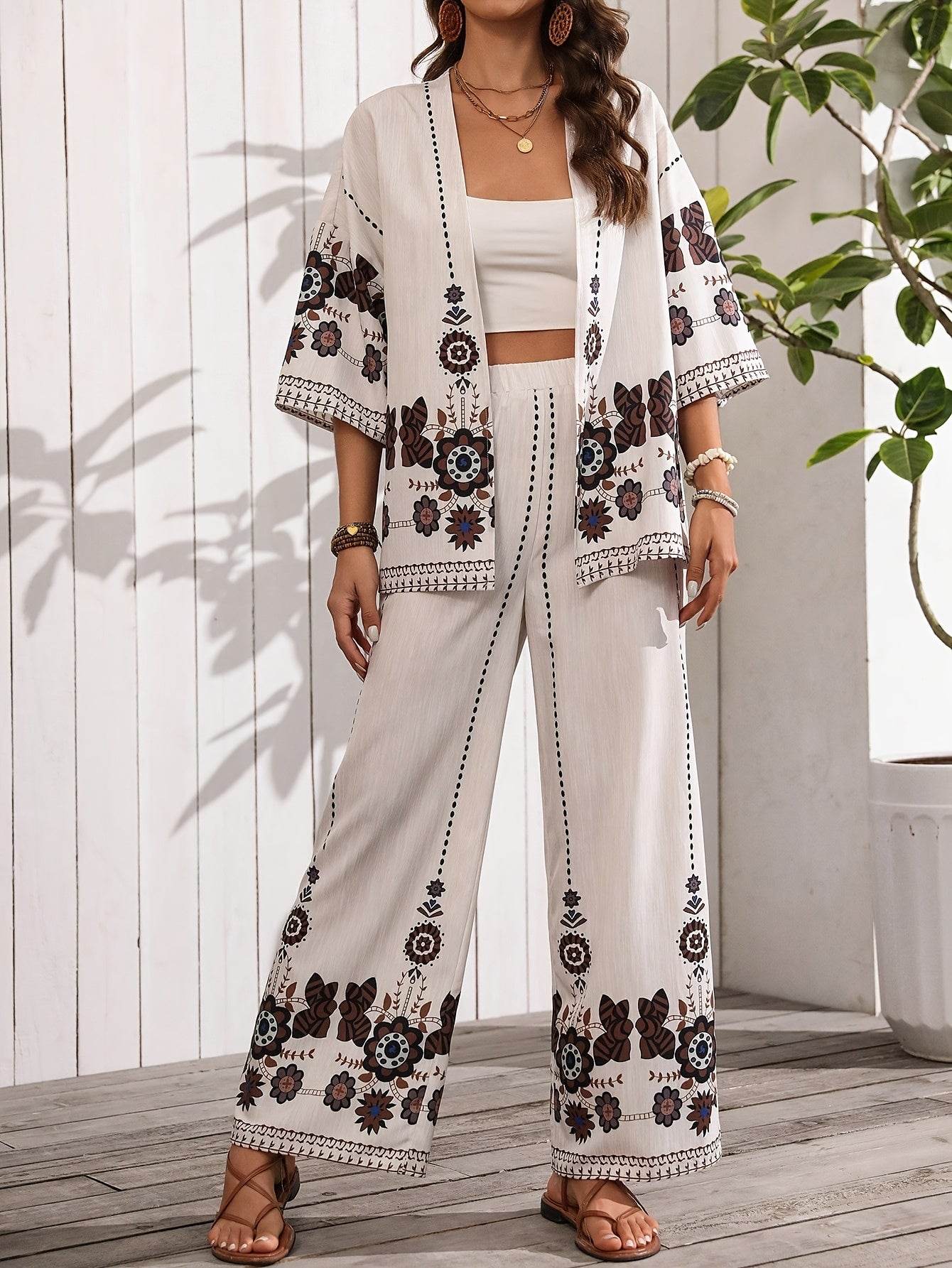 H632 Long Pants Floral Set - Casual Cardigan Collar Style - Buy Center