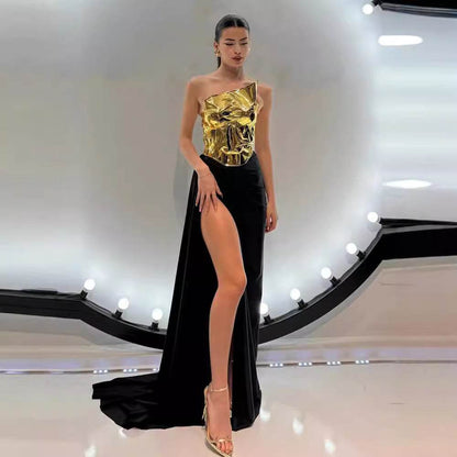 Elegant Black Two-Piece Dress Set - Backless One-Shoulder Satin Style - Buy Center