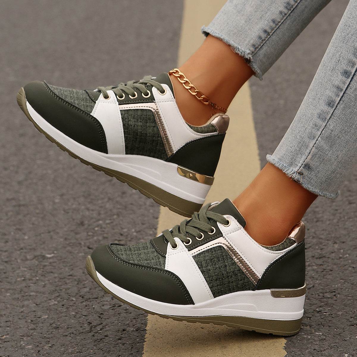 Colorblock Lace-Up Sneakers for Women - Stylish Thick-Soled Sports Flats - Buy Center