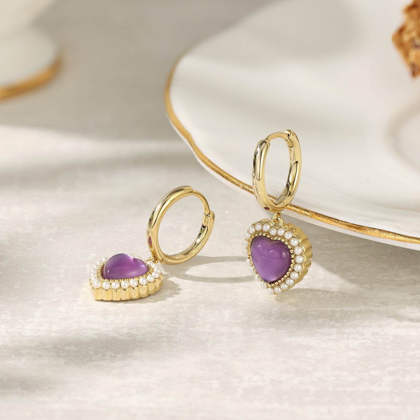 French Purple Crystal Heart Stud Earrings - Elegant Gold Copper Design - Buy Center