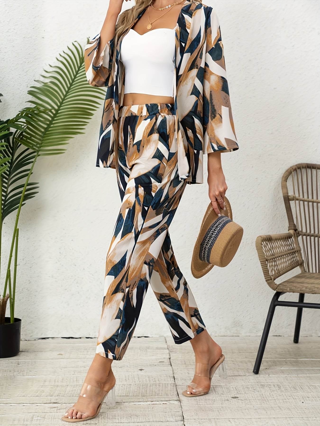 Elegant Leaf Print Two-Piece Set - Chic Blazer & Matching Pants - Buy Center