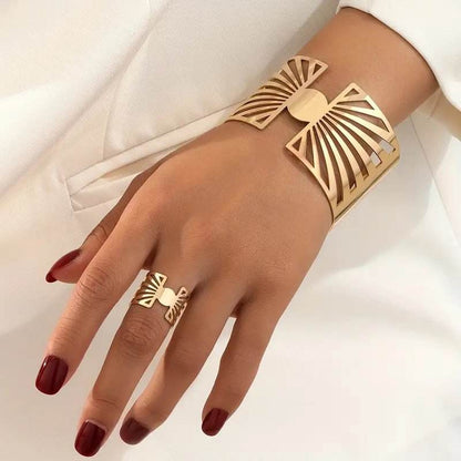 Buy Center 14K Gold Plated Geometric Ring & Cuff Set - Adjustable Elegance - Buy Center