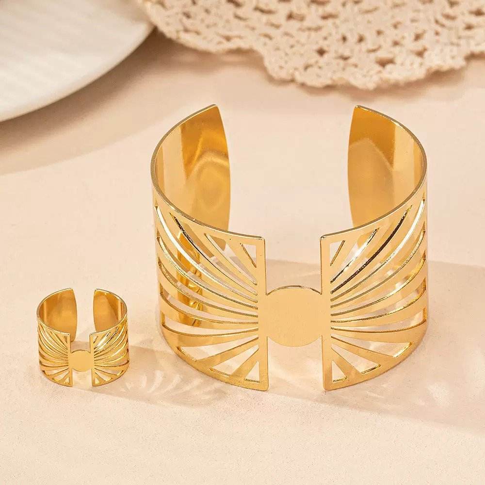 Buy Center 14K Gold Plated Geometric Ring & Cuff Set - Adjustable Elegance - Buy Center