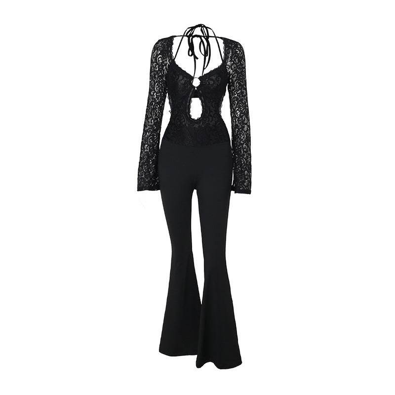 Slim-fit Long-sleeved Lace Backless Jumpsuit - Stylish High Waist Design - Buy Center