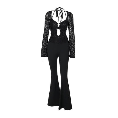 Slim-fit Long-sleeved Lace Backless Jumpsuit - Stylish High Waist Design - Buy Center
