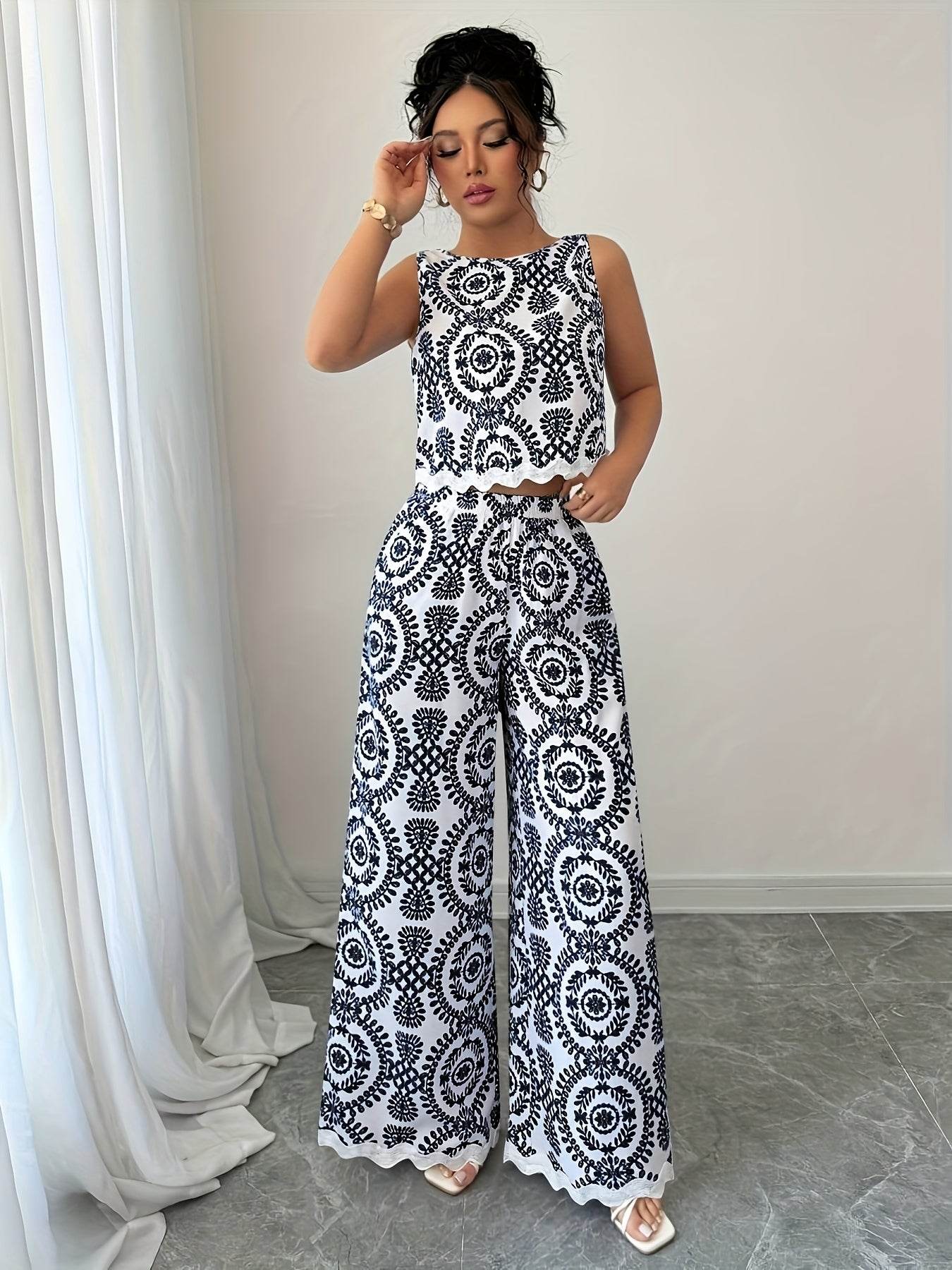 Elegant Women's 2pcs Set - Plant Pattern Top & Pants for All Seasons - Buy Center