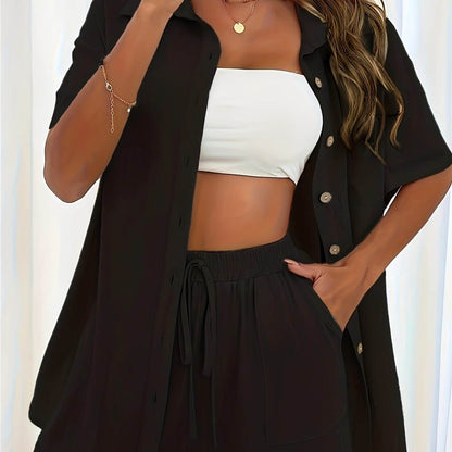Women's Solid Color Two-Piece Set - Fashionable Pocket Shirt & Shorts - Buy Center