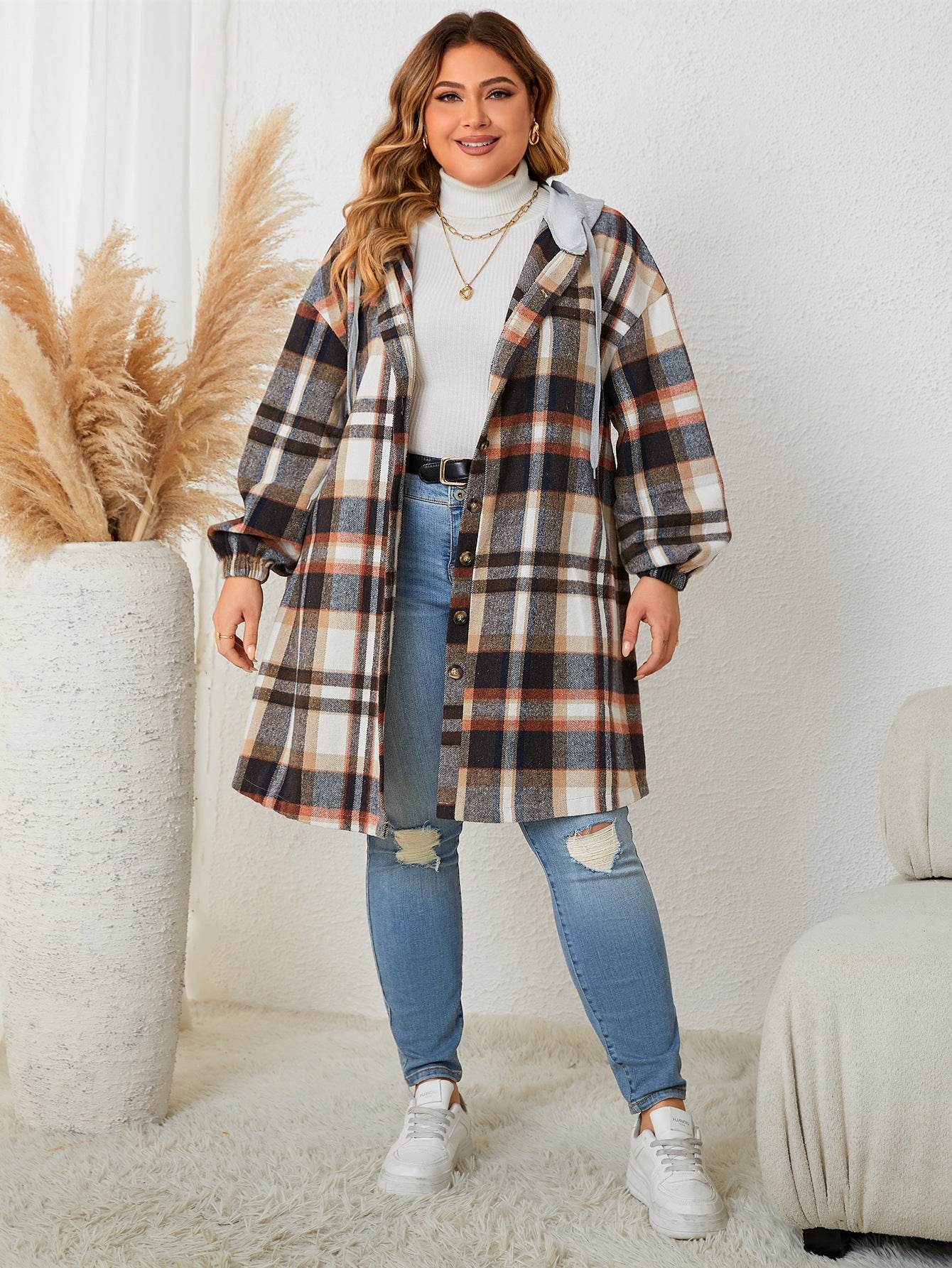 Buycenter Plus-Size Women's Plaid Hooded Trench Coat - Autumn Winter Style - Buy Center