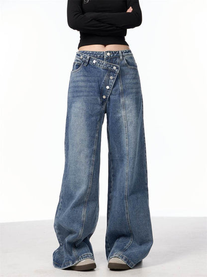 Irregular Breasted Blue Wide Leg Jeans - Trendy Loose Fit for Women - Buy Center