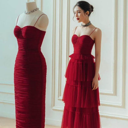 Buycenter Dark Red Evening Dress - Flowing Long Skirt for Elegant Occasions - Buy Center