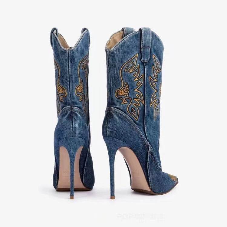 Stylish Women's Western High-Heel Boots - Stiletto, Denim & PU - Buy Center