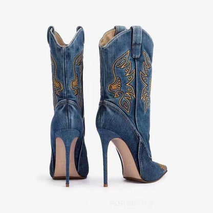 Stylish Women's Western High-Heel Boots - Stiletto, Denim & PU - Buy Center